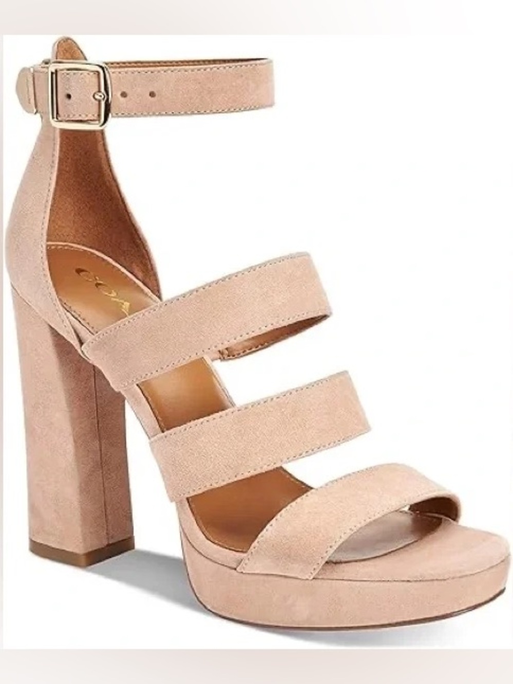 Coach Marina Neutral Suede Strappy Ankle Strap Block Heel